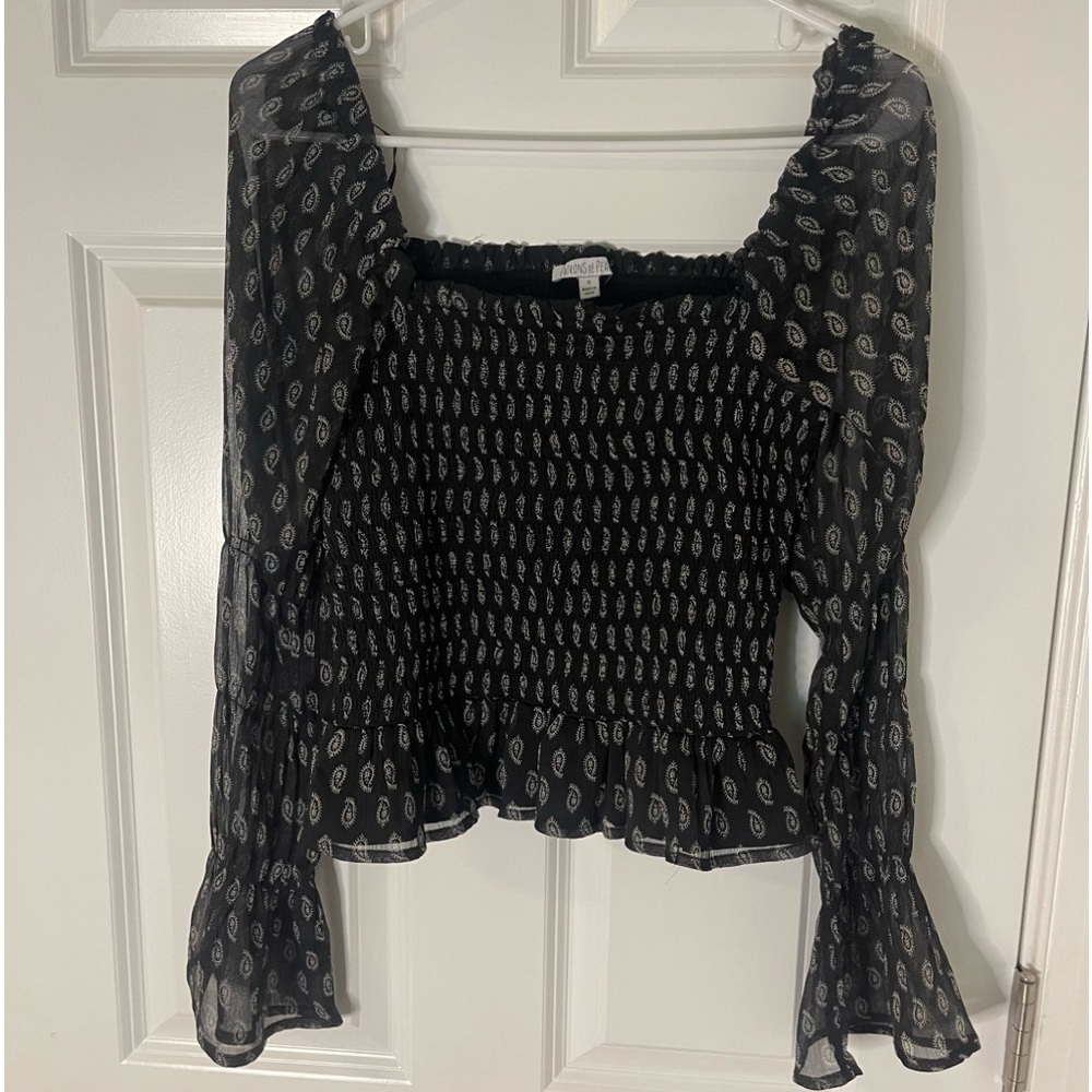 Patrons of Peace Top Womens Cropped Black Paisley Smocked Bell Sleeve Size S